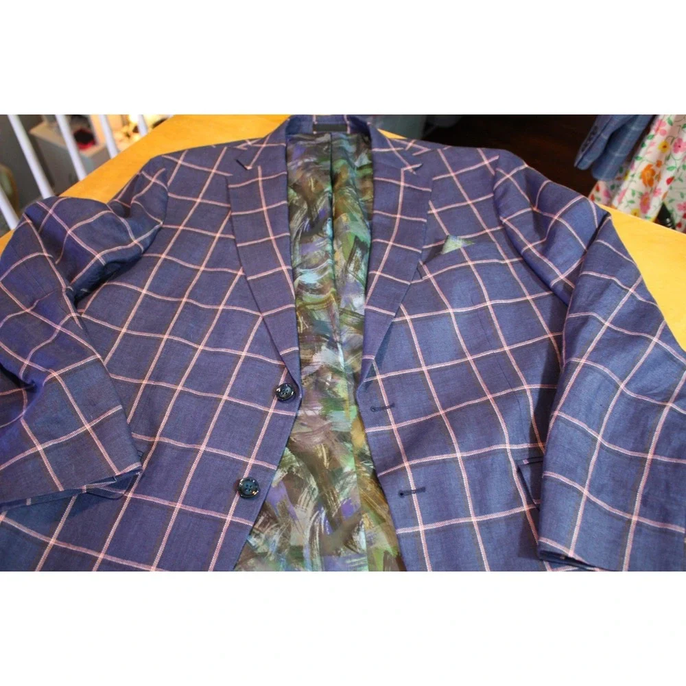 Tallia Mens Sport Coat Blue Linen Size 46R Two-Button Closure Windowpane Jacket